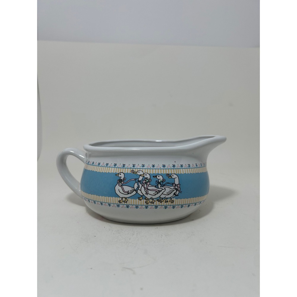 Vintage B&D Ribbon Goose Collection Ceramic Gravy Boat Creamer Blue White 1980s